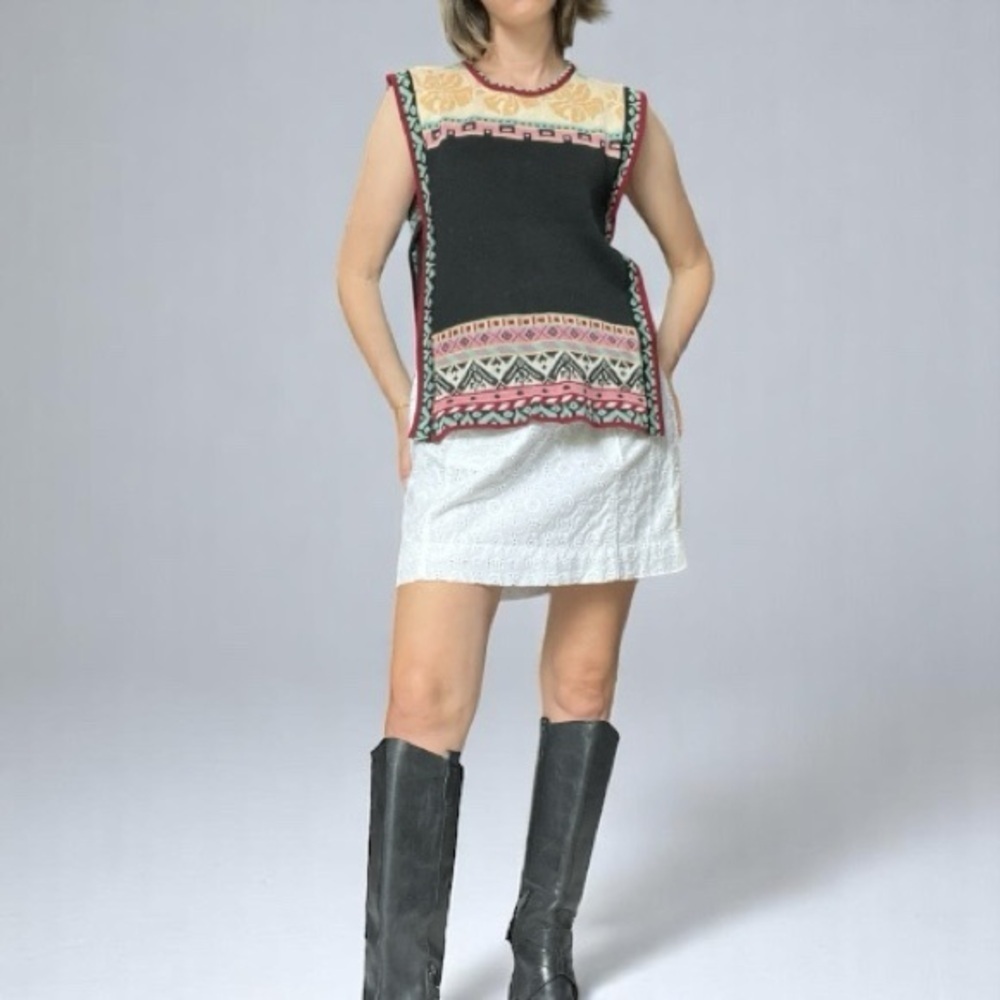 Vintage 80s Knit Black with Multicolor Geo Print Sleeveless Top Side Tie Boho S